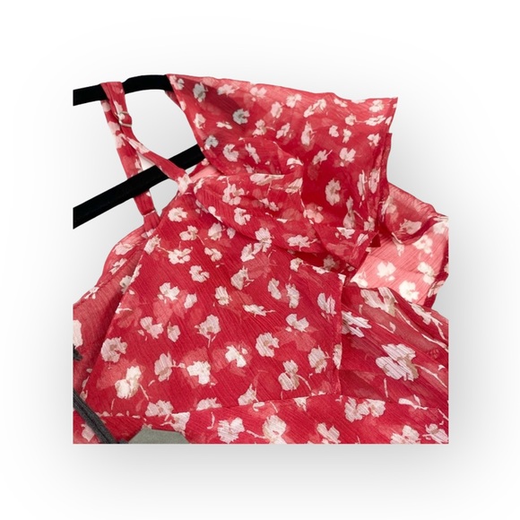 new Allsaints ꕥ Off Shoulder Ruffled Silk Floral Print Top ꕥ Red ꕥ Wear 2 Ways - Picture 6 of 16